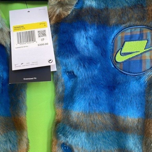 Nike Sportswear Women Green Blue Plaid Faux Fur Jacket DD4541-476 Size Small - Picture 5 of 8